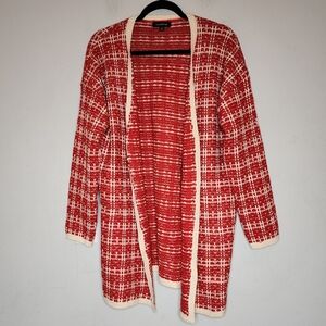 Calligraphie Gold Red White Plaid Open Sweater Knit Cardigan XL Holiday‎ Pockets